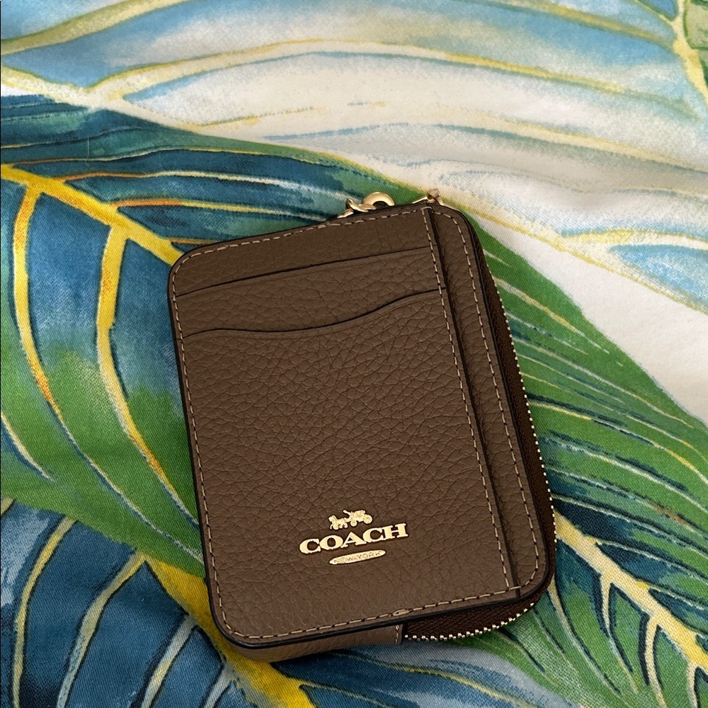 Coach Leather Card Holder in Dark Stone